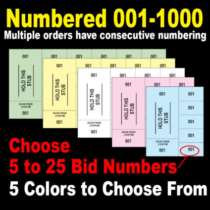 chinese 001 1000 hts 416x416 - Chinese Auction Tickets Starting at Ticket number 001 - 5 to 25 Bid numbers per sheet - 2 stub choices - 5 colors